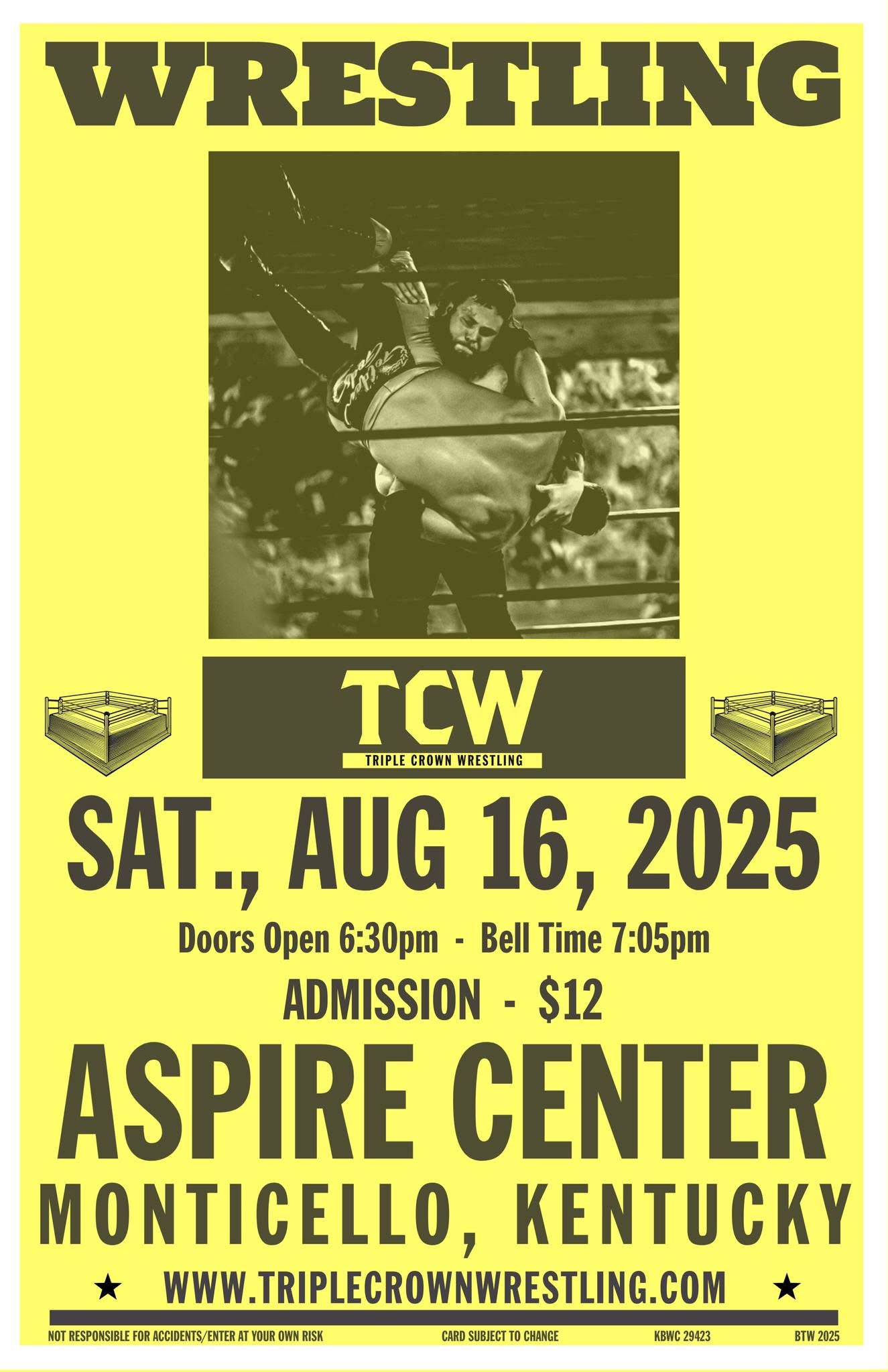 Triple Crown Wrestling event poster — Saturday August 16, 2025 at the Aspire Center, Monticello, Kentucky