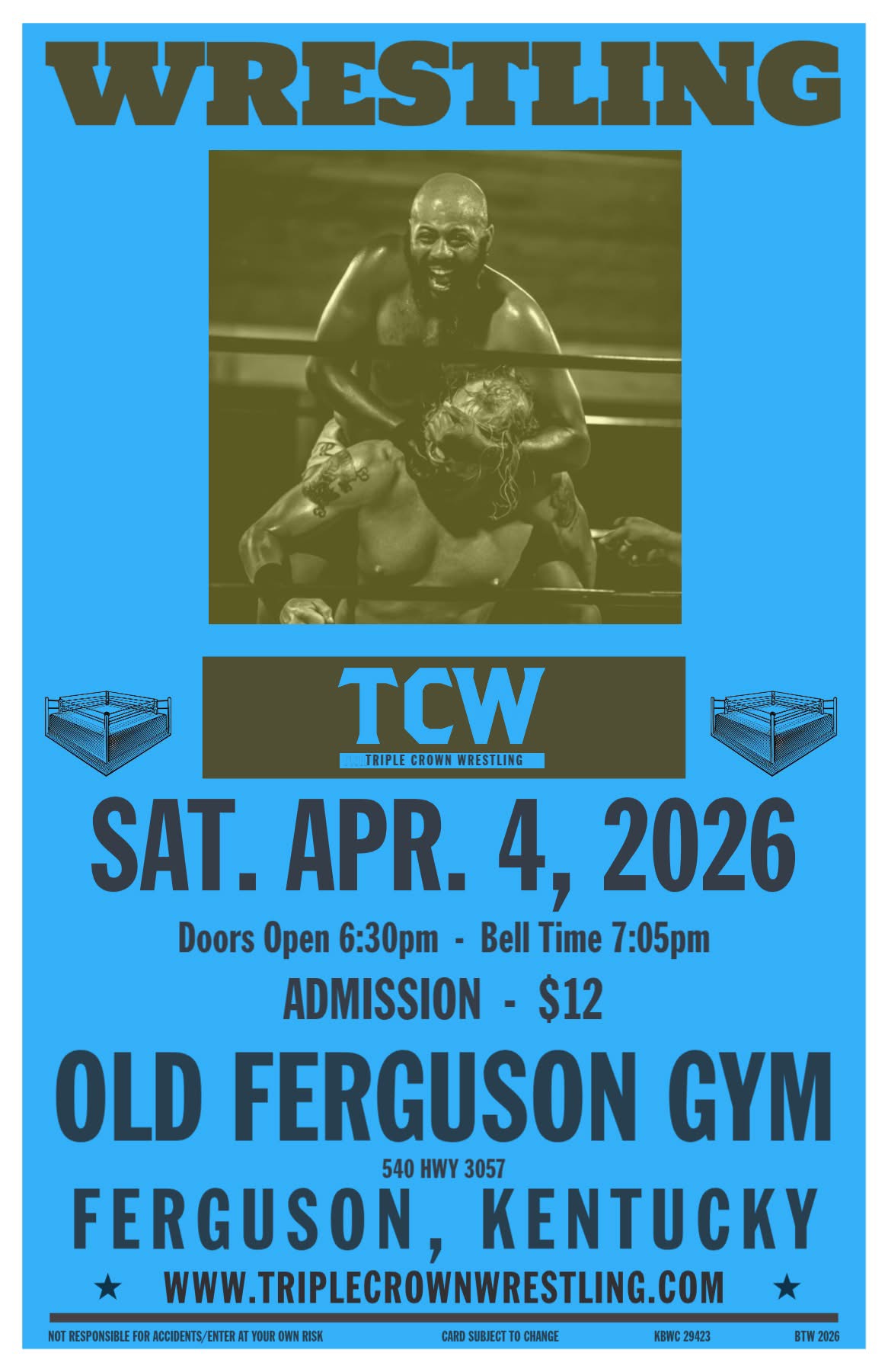 Triple Crown Wrestling event poster — Saturday April 4, 2026 at the Old Ferguson Gym, Ferguson, Kentucky